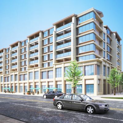 办公楼外立面,汽车，植物，人，户外桌椅