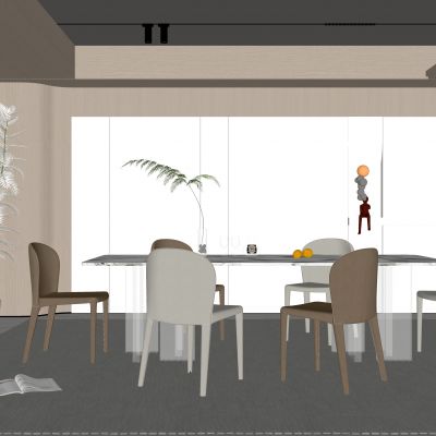 现代家居餐厅 餐桌椅组合 无主灯餐厅 地毯 饰品SU模型