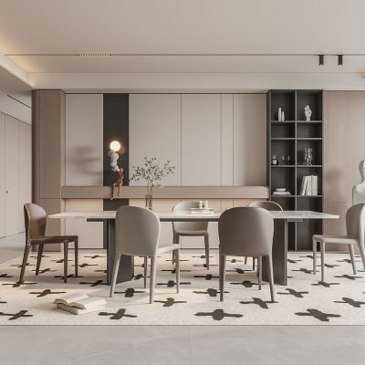 现代家居餐厅 餐桌椅组合 无主灯餐厅 地毯 饰品