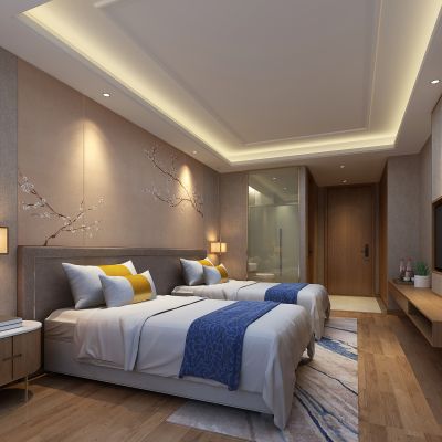 酒店宾馆客房新中式双床标间