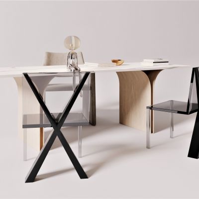 现代，书房，书桌椅，原木，大理石，黑钢，侘寂