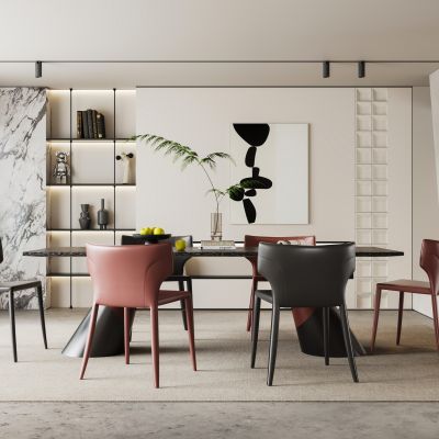 现代餐厅  餐桌椅  地毯  窗帘  壁炉