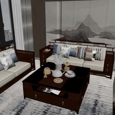 新中式沙发茶几组合