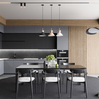 现代餐厅 餐桌椅 橱柜 吊灯