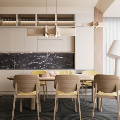 现代餐厅 餐桌椅 橱柜 吊灯