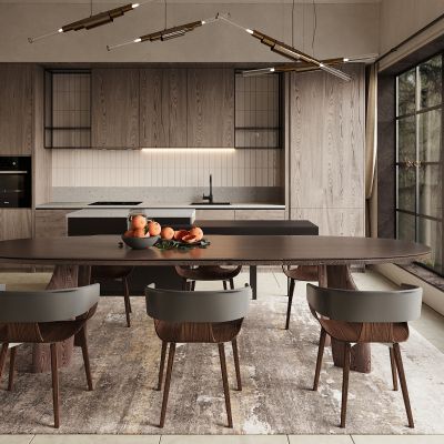 现代餐厅 餐桌椅 橱柜 吊灯 水果摆件