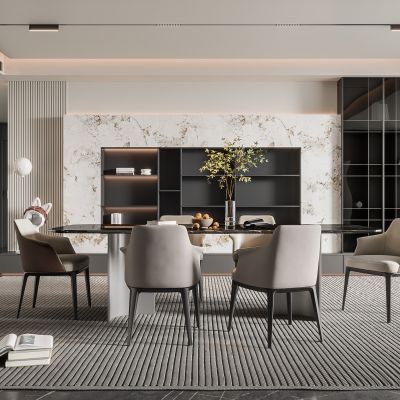 现代家居餐厅 餐桌椅组合 无主灯餐厅 地毯 饰品