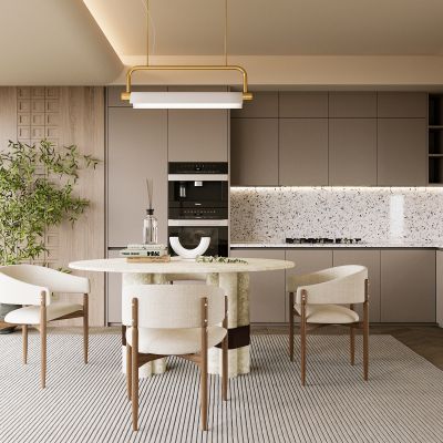 现代餐厅 餐桌椅 橱柜 吊灯