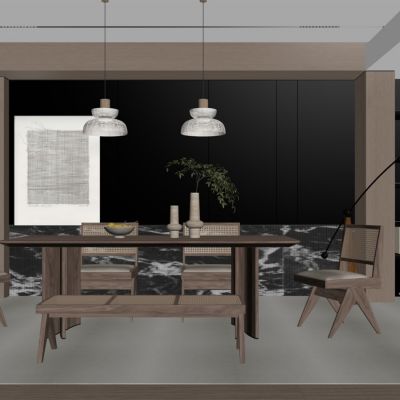 现代餐厅 餐桌椅 橱柜 吊灯