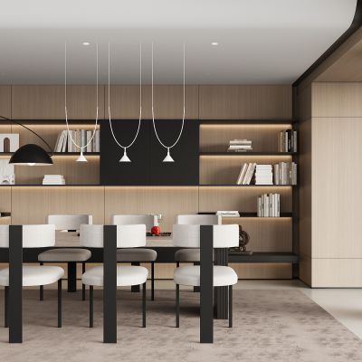 现代餐厅 餐桌椅 橱柜 吊灯
