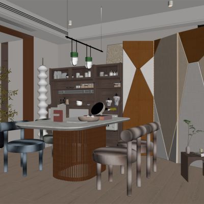 现代餐厅 餐桌椅 橱柜 吊灯