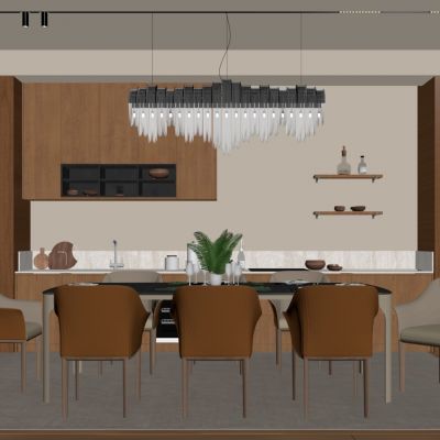 现代餐厅 餐桌椅 橱柜 吊灯