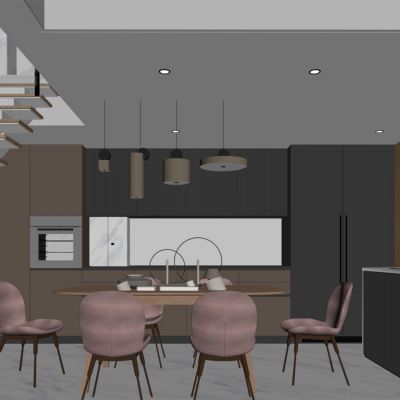 现代餐厅 餐桌椅 橱柜 吊灯