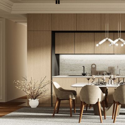 现代餐厅 餐桌椅 橱柜 吊灯