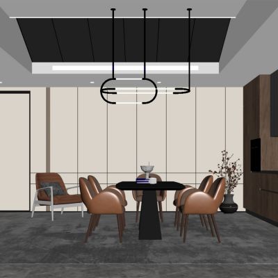 现代餐厅 餐桌椅 橱柜 吊灯