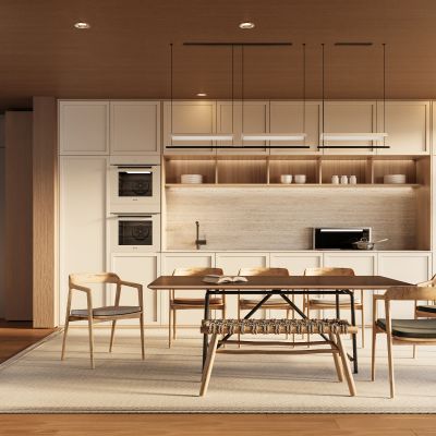 现代餐厅 餐桌椅 橱柜 吊灯