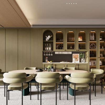 现代餐厅 餐桌椅 橱柜 吊灯