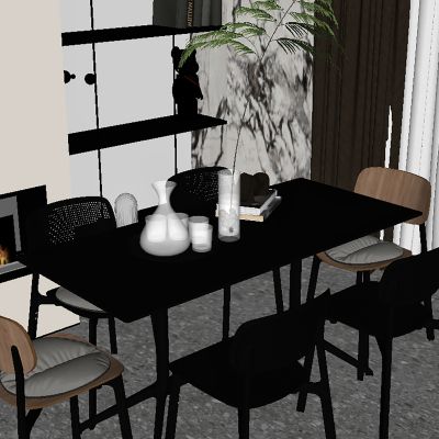 现代暗系餐厅，摆件，壁炉