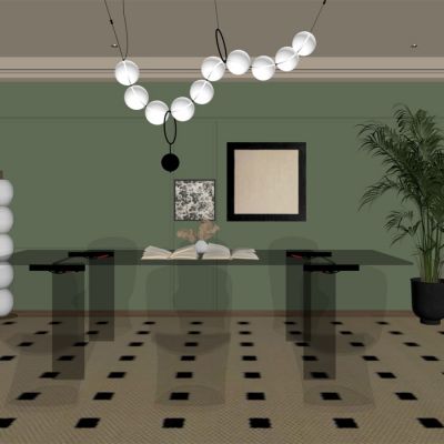 现代餐厅 餐桌椅 橱柜 吊灯