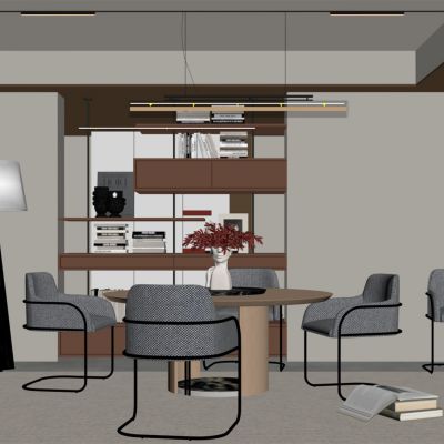 现代餐厅 餐桌椅 橱柜 吊灯