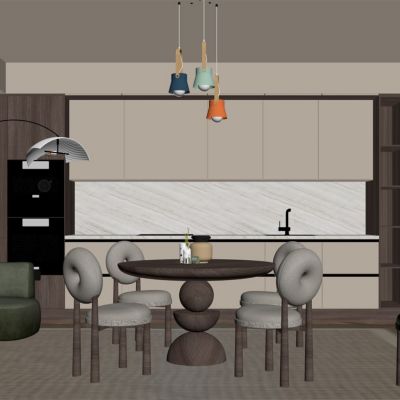 现代餐厅 餐桌椅 橱柜 吊灯