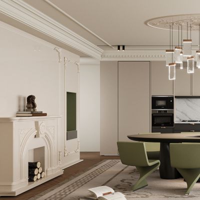 现代餐厅 餐桌椅 橱柜 吊灯