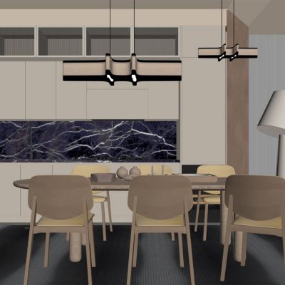 现代餐厅 餐桌椅 橱柜 吊灯