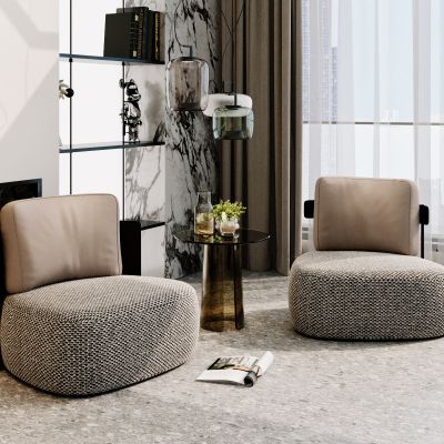 现代轻奢休闲区，单人座椅边几组合，摆件