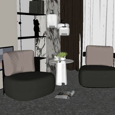 现代轻奢休闲区，单人座椅边几组合，摆件