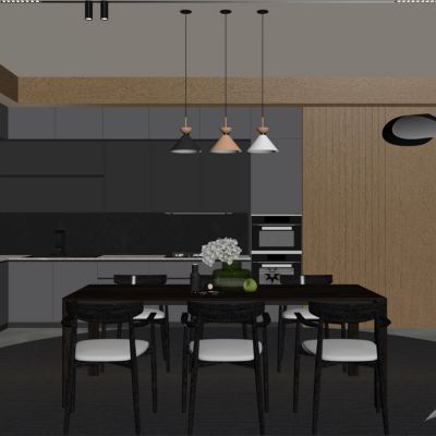 现代餐厅 餐桌椅 橱柜 吊灯SU模型