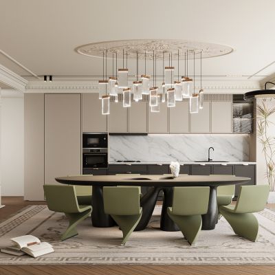 现代餐厅 餐桌椅 橱柜 吊灯