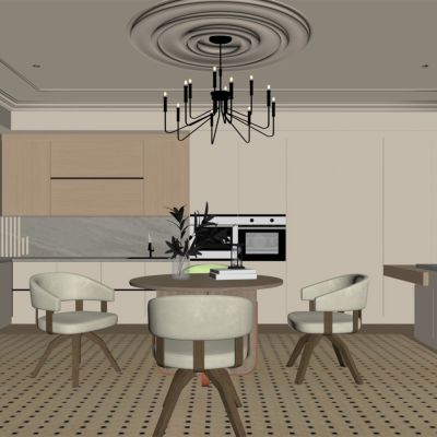 现代餐厅 餐桌椅 橱柜 吊灯
