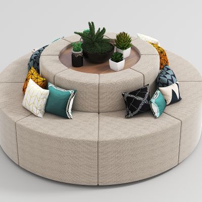 现代圆形沙发，植物组合