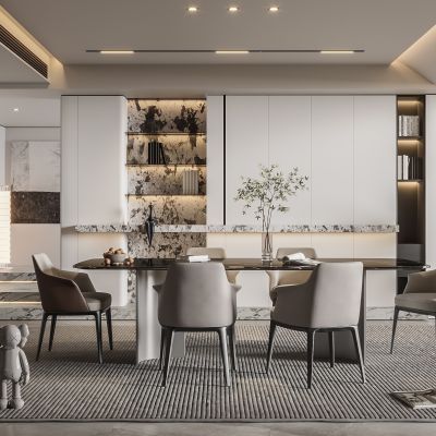 现代家居餐厅 餐桌椅组合 无主灯餐厅 地毯 饰品