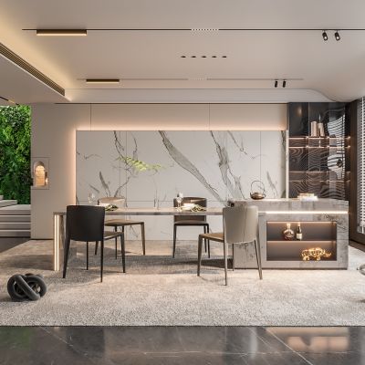 现代家居餐厅 餐桌椅组合 无主灯餐厅 地毯 饰品