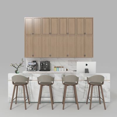 新中式水吧台有吧台柜，吧椅，吧台，吧台柜，咖啡机，水槽