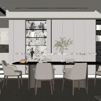 现代家居餐厅 餐桌椅组合 无主灯餐厅 地毯 饰品