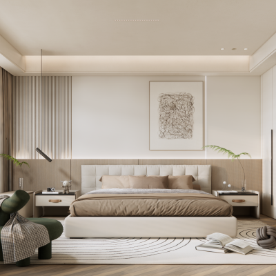  现代原木风卧室 布艺床 地毯 中古卧室 壁灯 床头柜 挂画 休闲椅