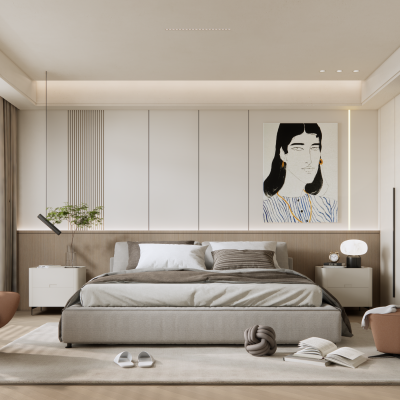  现代原木风卧室 布艺床 地毯 中古卧室 壁灯 床头柜 挂画 休闲椅