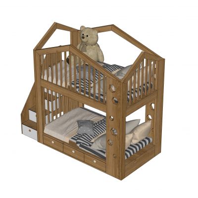 北欧儿童床上下铺高低床双层床毛绒玩具3D模型