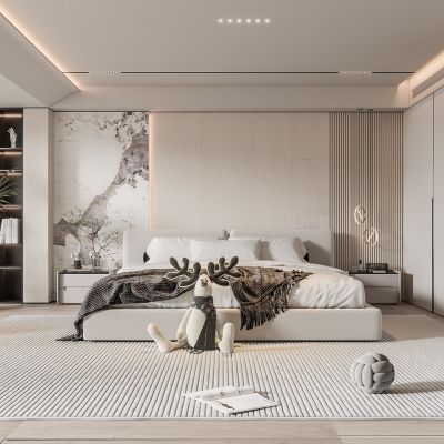  现代卧室 双人床 饰品 休闲椅 床头吊灯 造形吊顶 衣柜