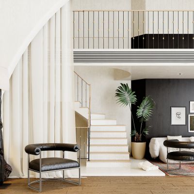 现代单人沙发，边几