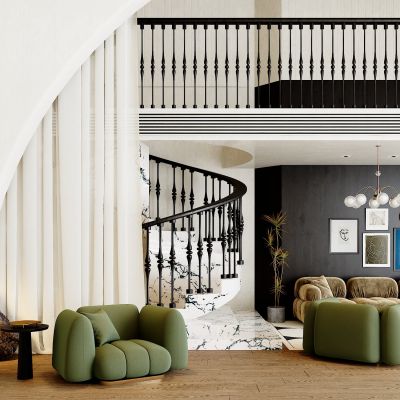 现代单人沙发，边几