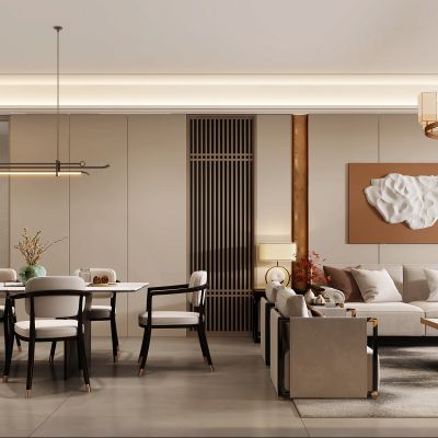 新中式客餐厅，客餐厅，厨房