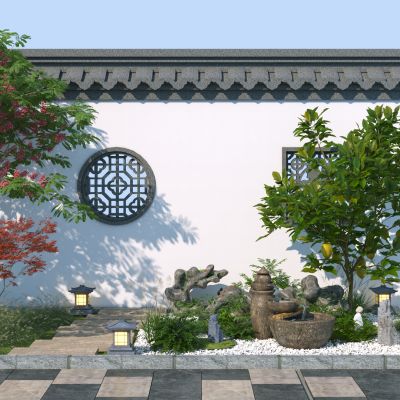 新中式假山水景 流水小品3D模型