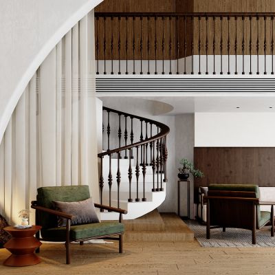 现代单人沙发，边几