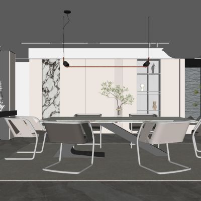 现代餐厅  吊灯  餐桌椅  装饰柜  装饰画  窗帘  地毯SU模型