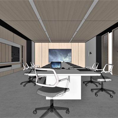 极简，原木，办公，会议室，会议桌椅，现代风，投影，地毯，柜子