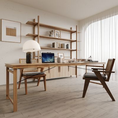 侘寂，书桌椅，书架，书房