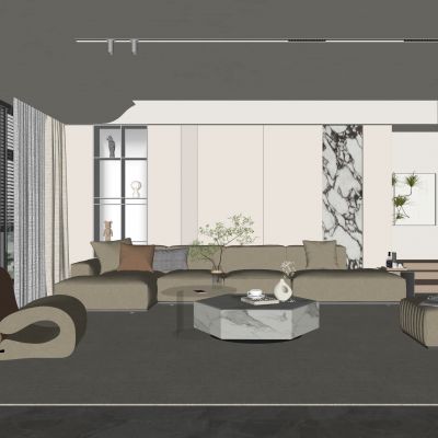 现代客厅  沙发  茶几  休闲椅  边几  绿植  装饰画  装饰柜